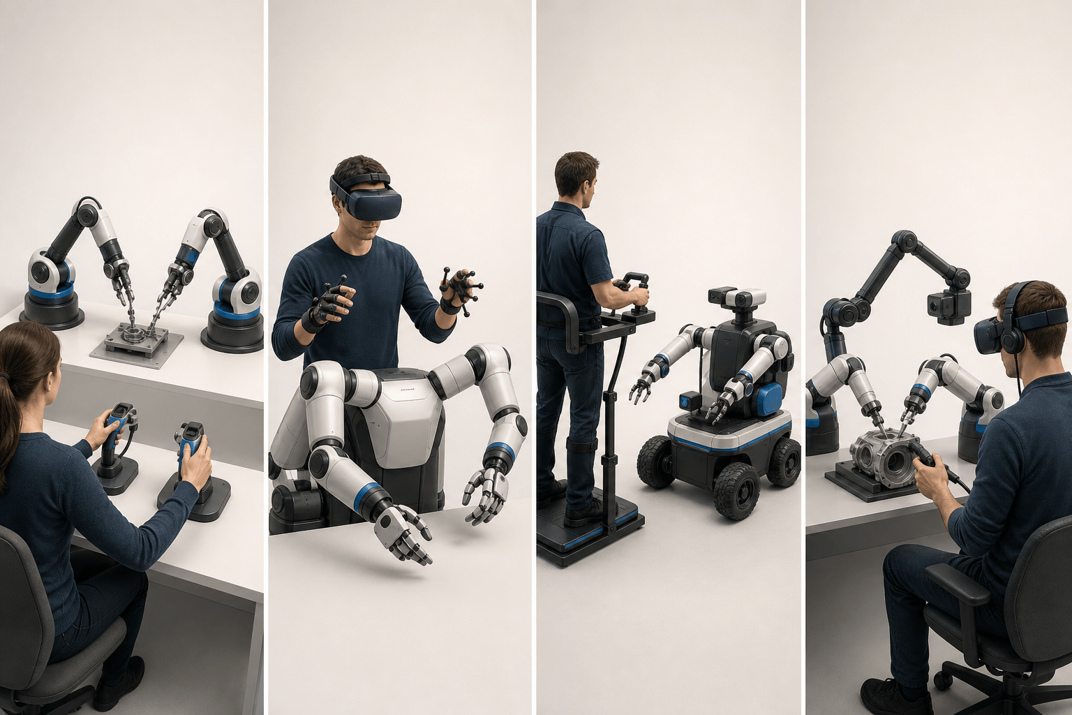 Four unlabelled teleoperation workstations showing leader arms, a headset, mobile whole-body control and active camera control