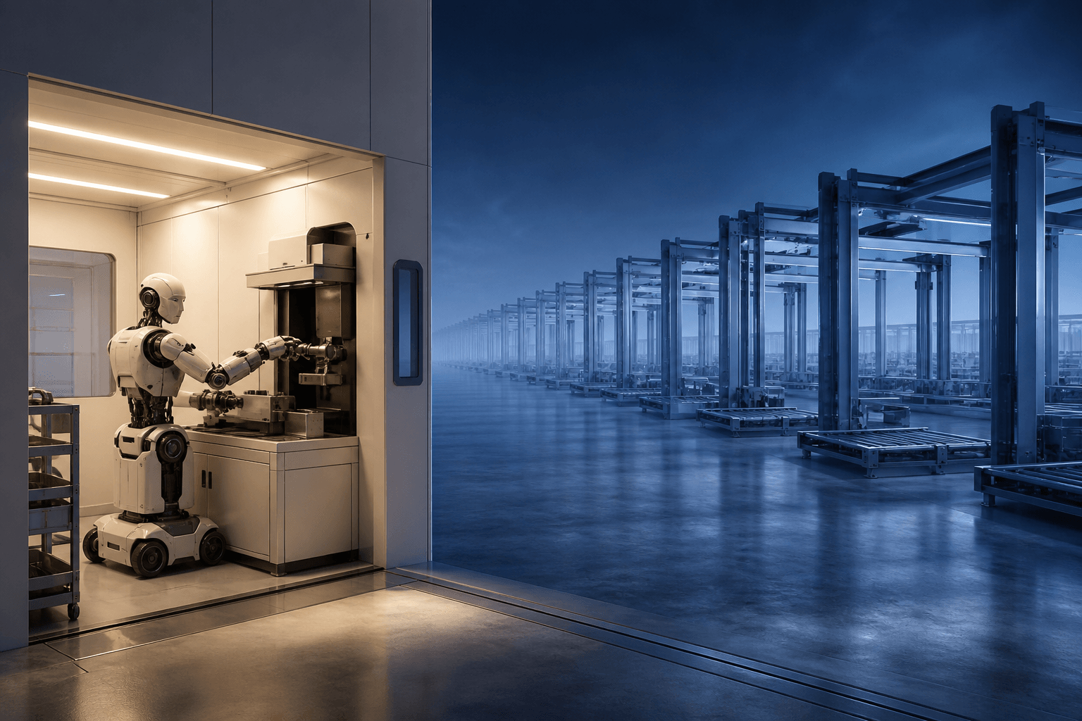 Abstract editorial illustration contrasting a controlled robot-training cell with the larger unresolved complexity of a global factory rollout.