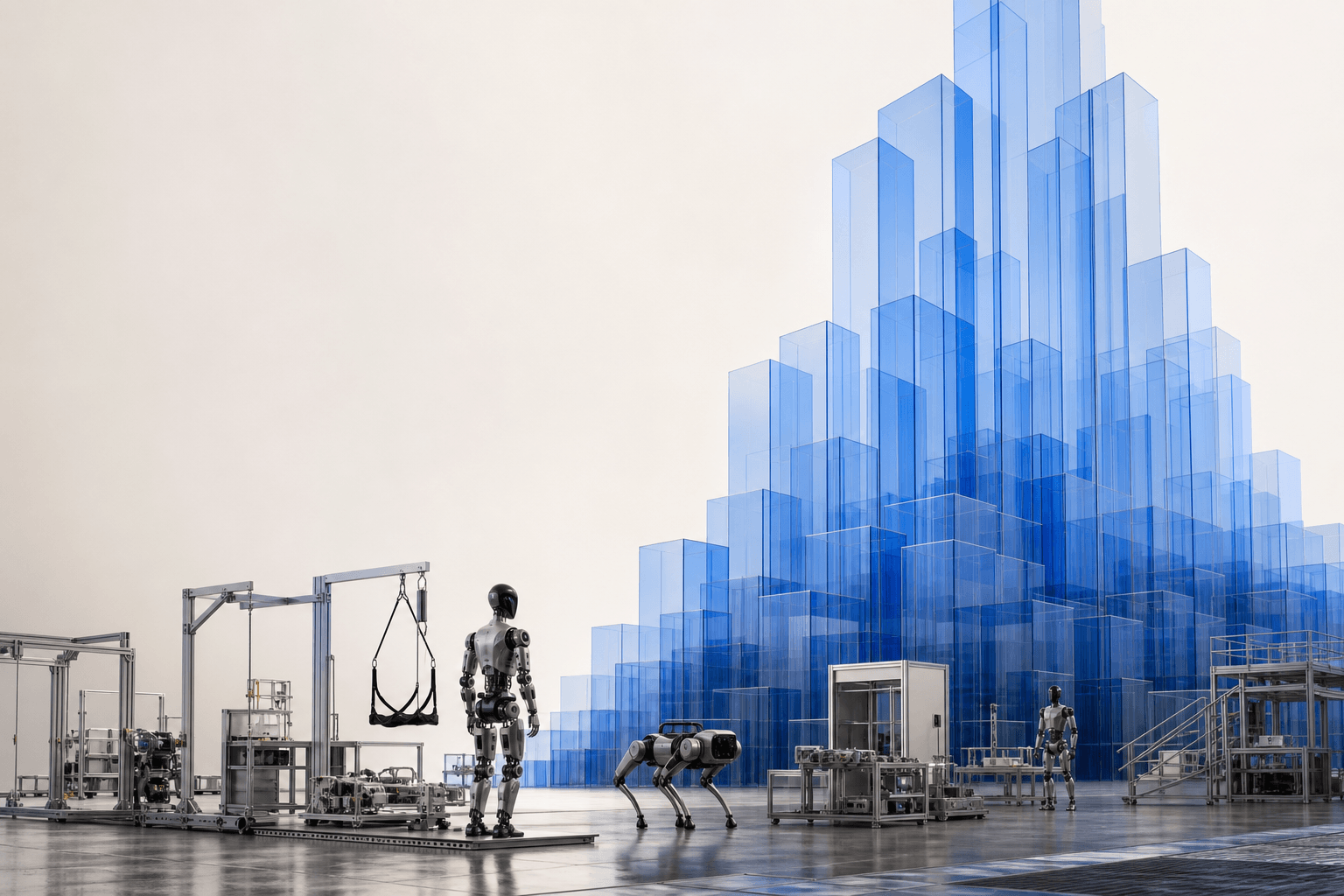 Abstract editorial illustration contrasting a soaring transparent market structure with grounded robot testing and manufacturing evidence.