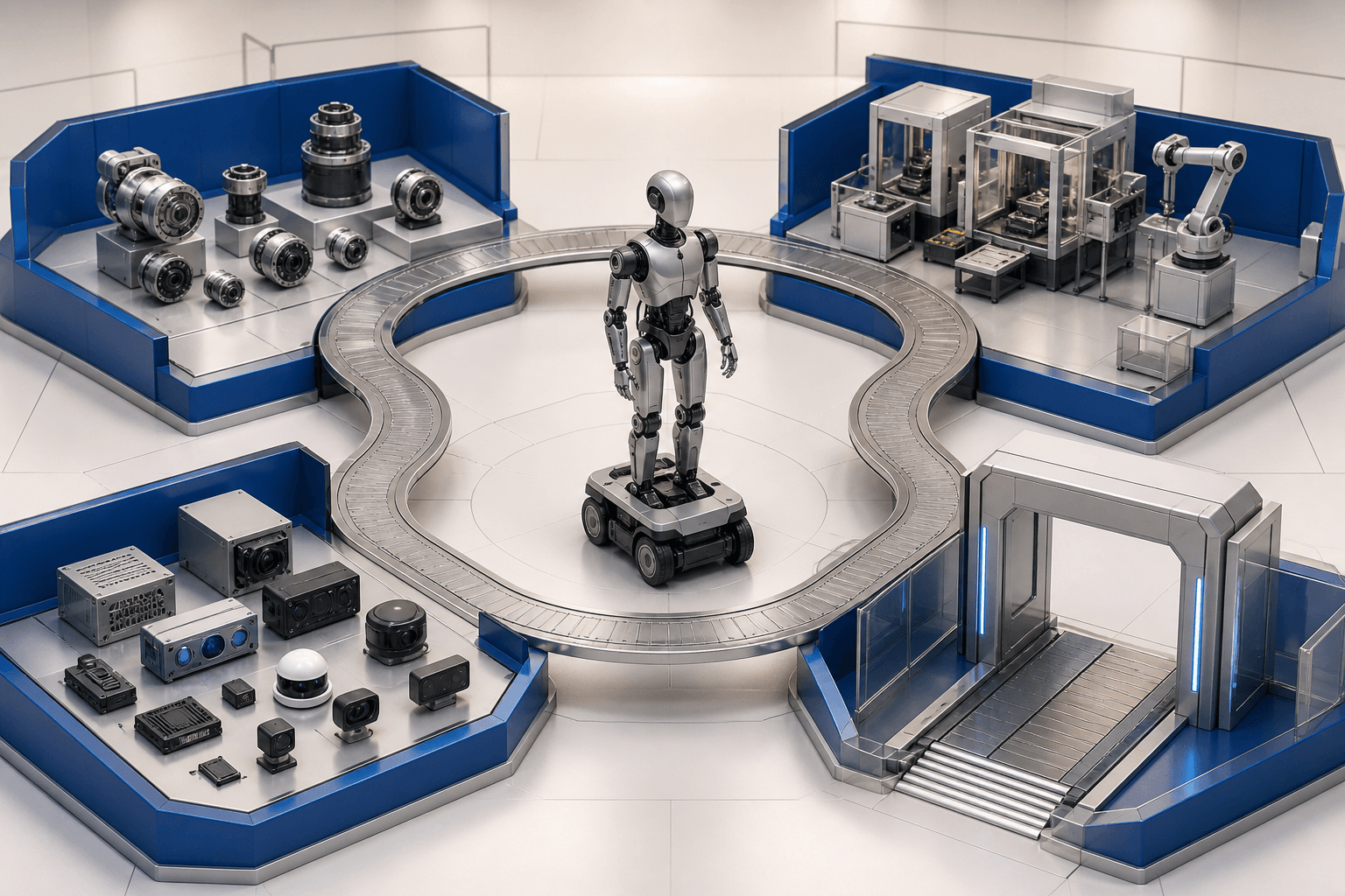 Abstract editorial illustration showing a manufacturer, a robot platform, actuator components, and factory workstations connected through a shared validation loop.