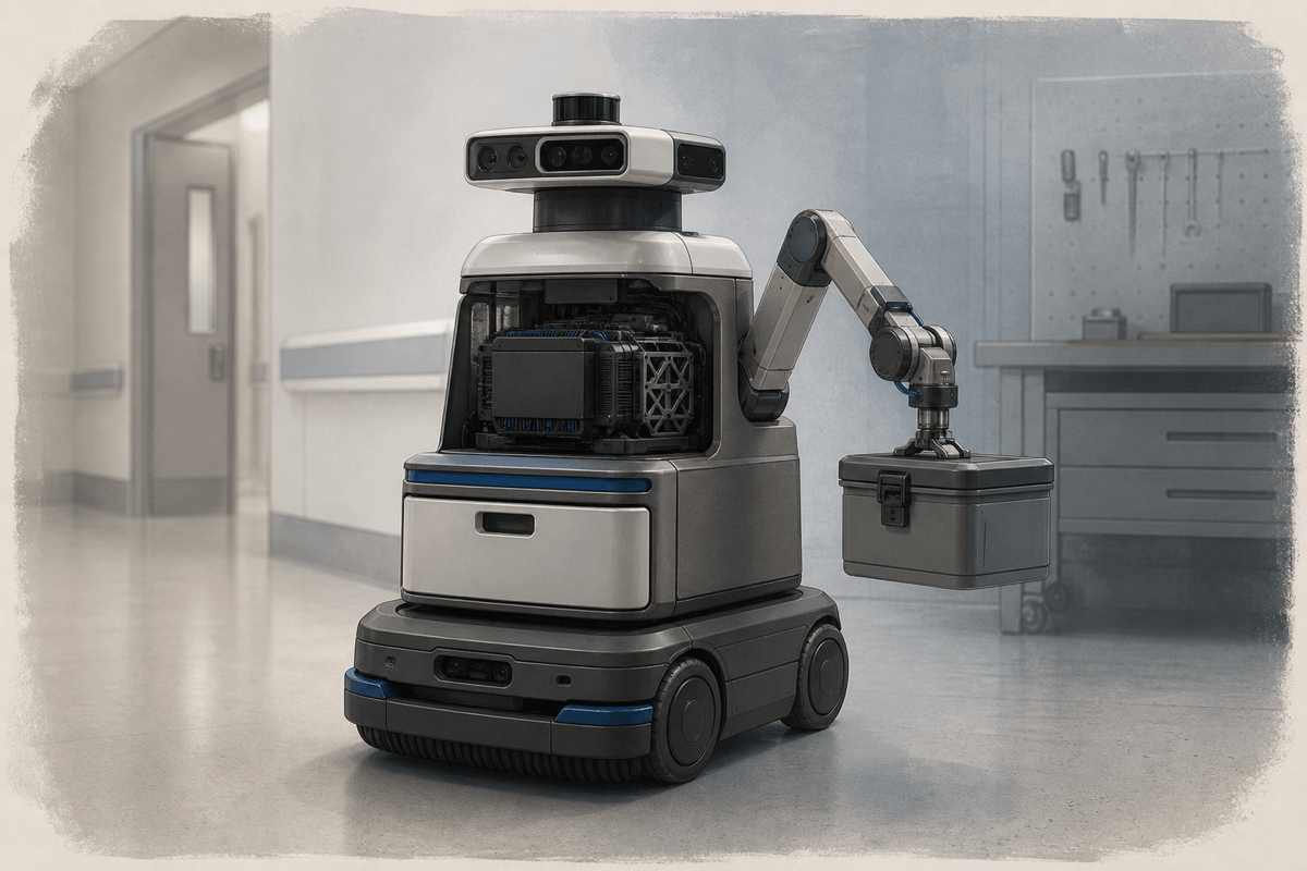 A conceptual cutaway-like editorial scene showing sensors and onboard computing on a generic hospital courier robot.