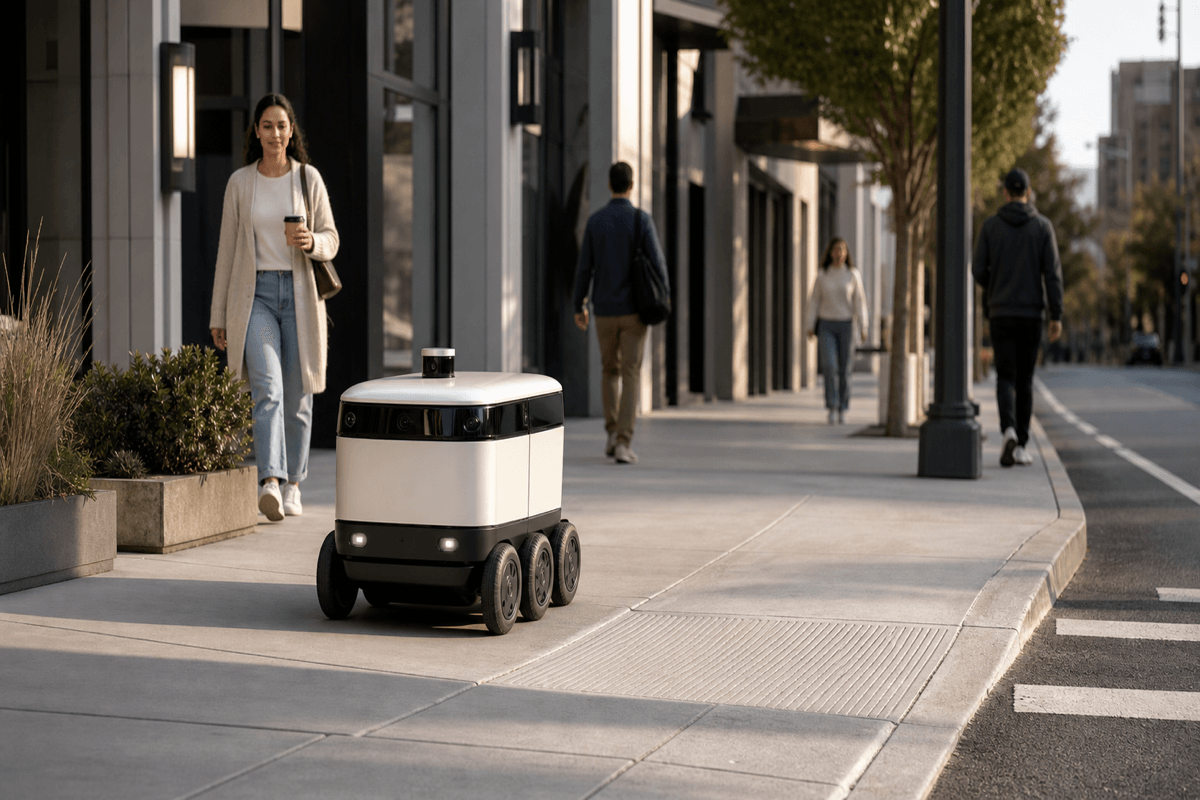 A conceptual municipal pilot scene showing two generic delivery robots, a sidewalk and clearly separated pedestrian space.