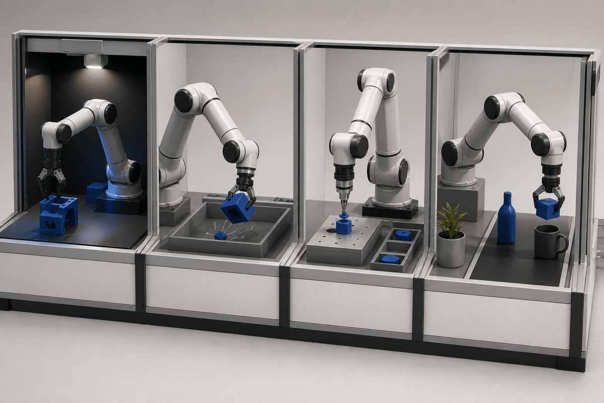 A conceptual robotics evaluation bench showing task completion, perturbation response, recovery opportunity and safe trajectory assessment as separate tests.