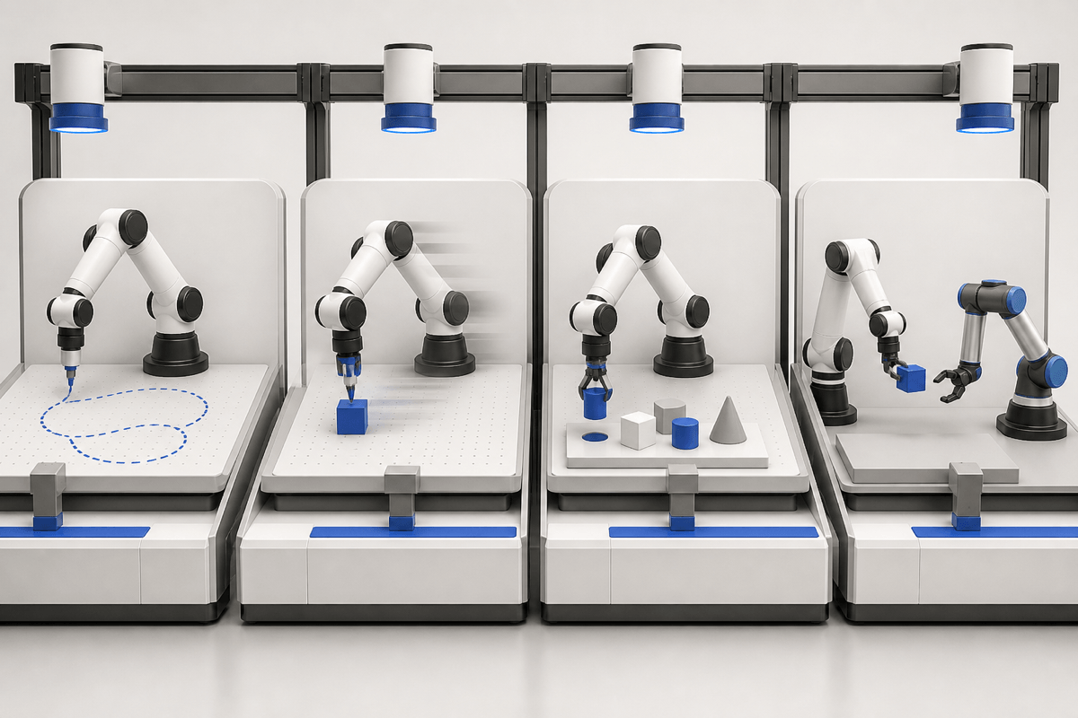 A conceptual evaluation bench comparing reconstructed motion, execution speed, task meaning and transfer between robot arms.
