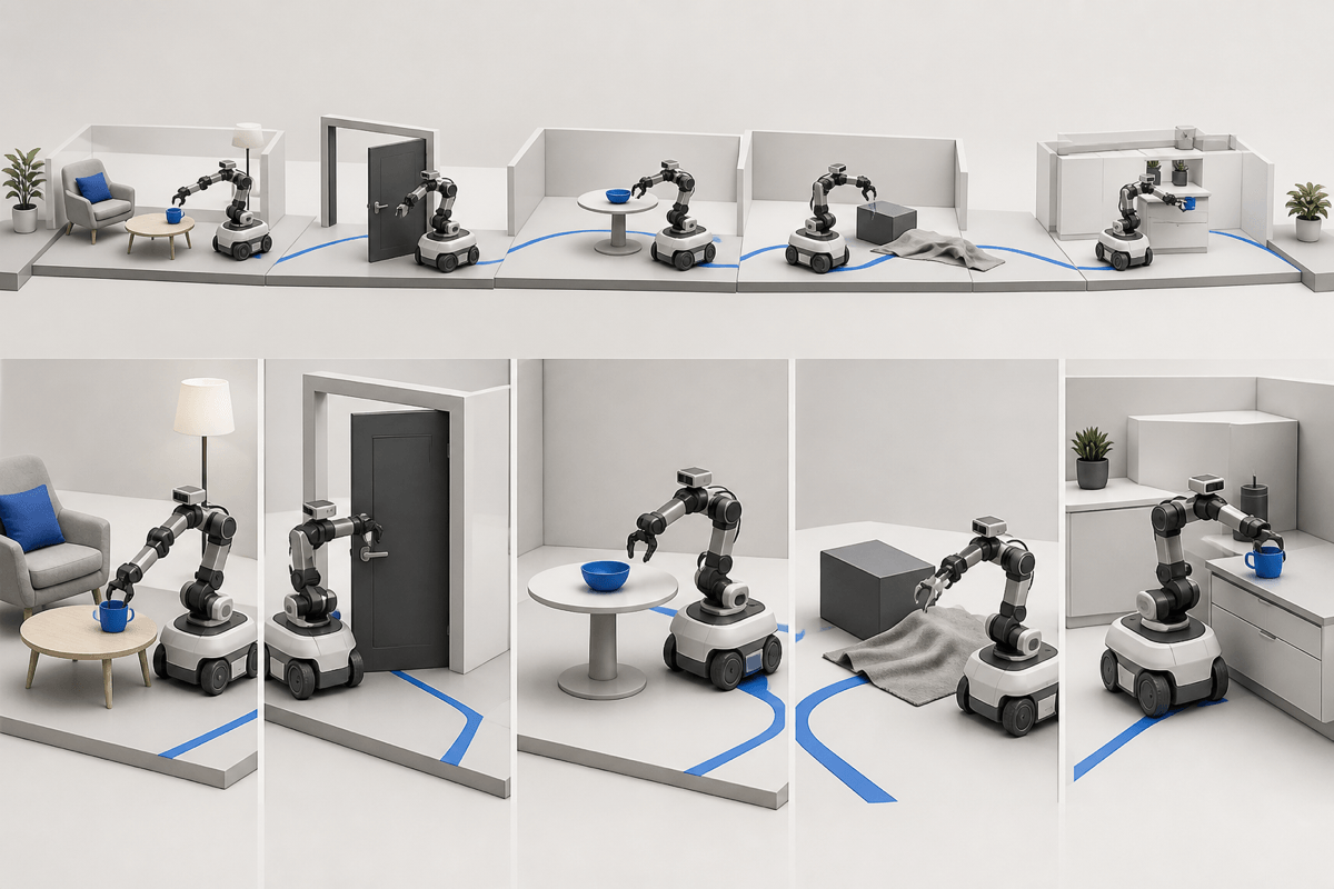 A technical editorial scene presents sequence depth, subtask completion, recovery and intervention as distinct physical evaluation stations.