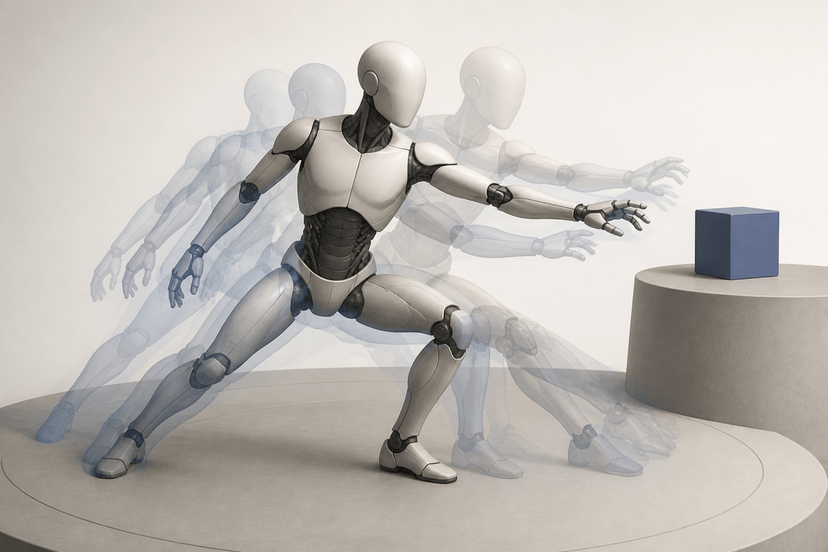 A conceptual whole-body control stack connects perception and task intent to coordinated feet, torso, arms and hands through a shared motion representation.