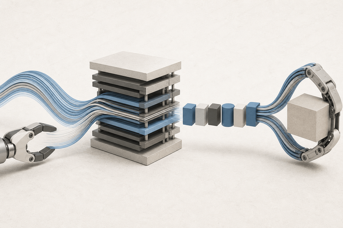 A conceptual continuous robot trajectory passing through compression, a compact action vocabulary and reconstruction into motion.