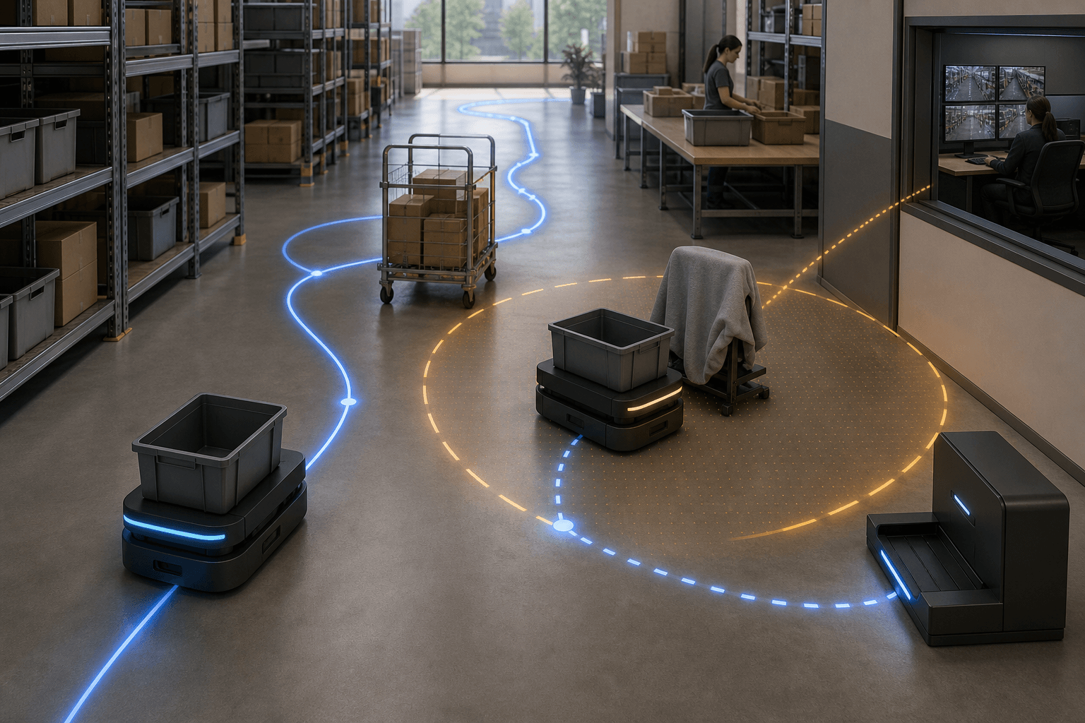 A generic mobile robot completing a mission while handling an obstacle and an assistance boundary
