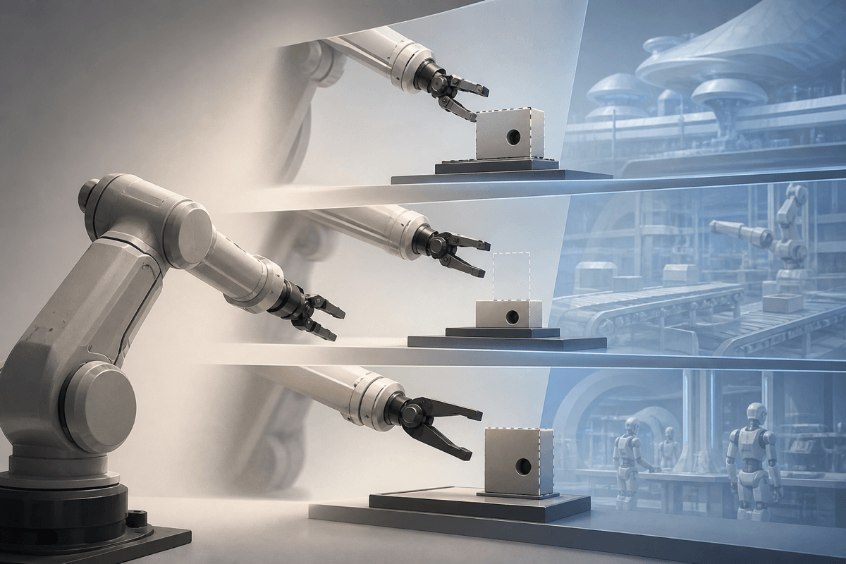 A conceptual imagined robot future breaking down at contact, timing and embodiment boundaries.
