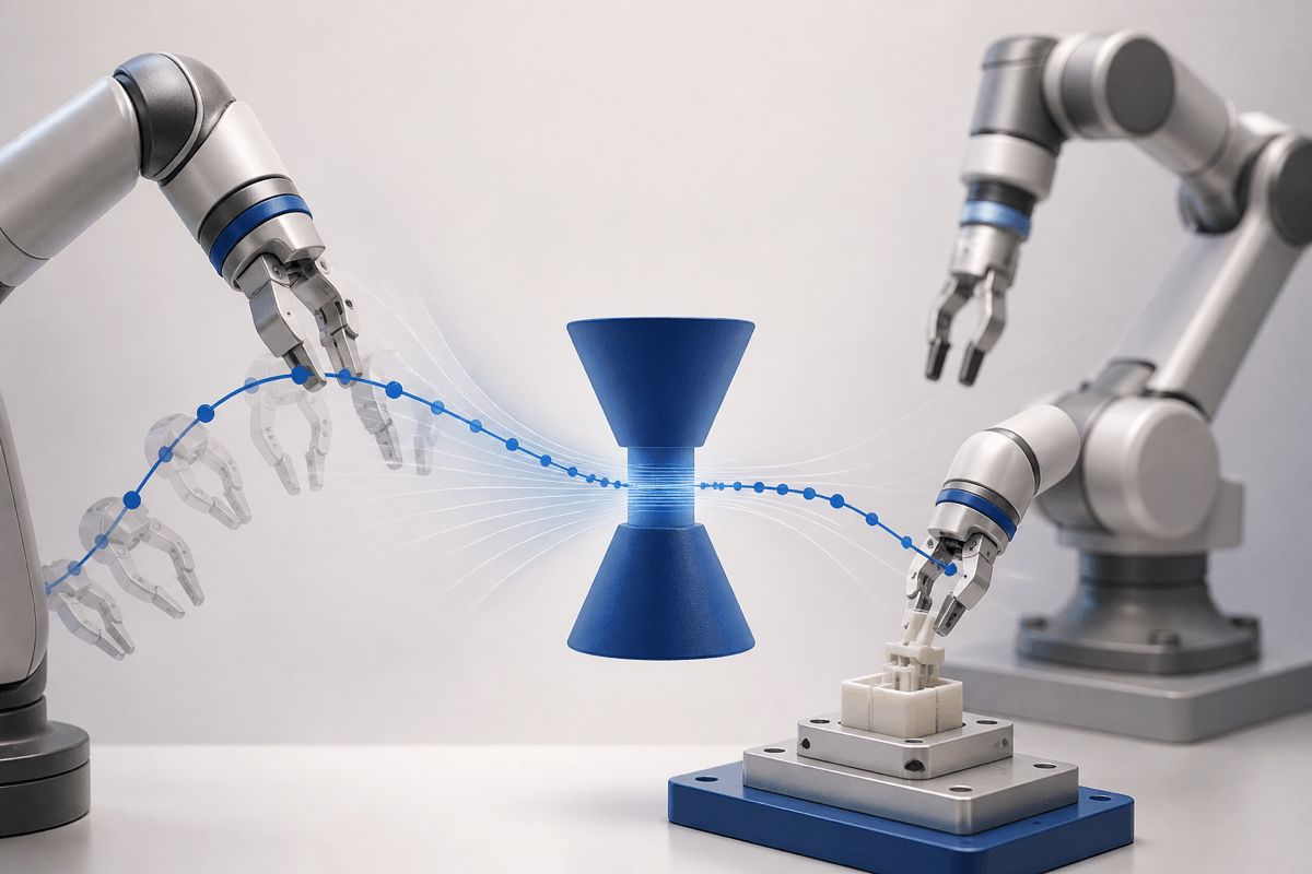 A conceptual robot motion losing fine contact detail as it passes through an overly compact action representation.