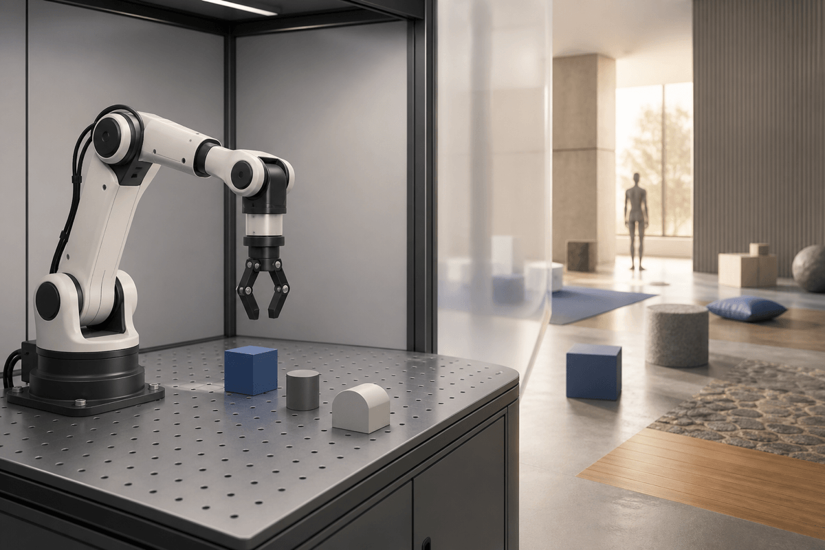 A conceptual illustration of benchmark blind spots, with a robot policy encountering varied objects, sensor conditions and human-space constraints beyond a controlled test cell.