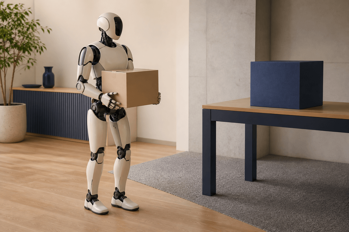 A conceptual humanoid control scene shows occluded perception, changing payload, uneven support and conflicting reach demands as unresolved whole-body constraints.