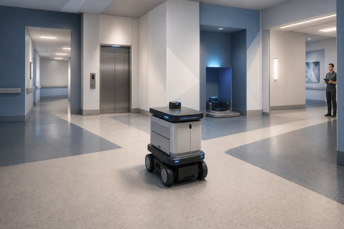 A conceptual hospital corridor with a generic courier robot paused before uncertain branching routes, rendered as an editorial illustration.